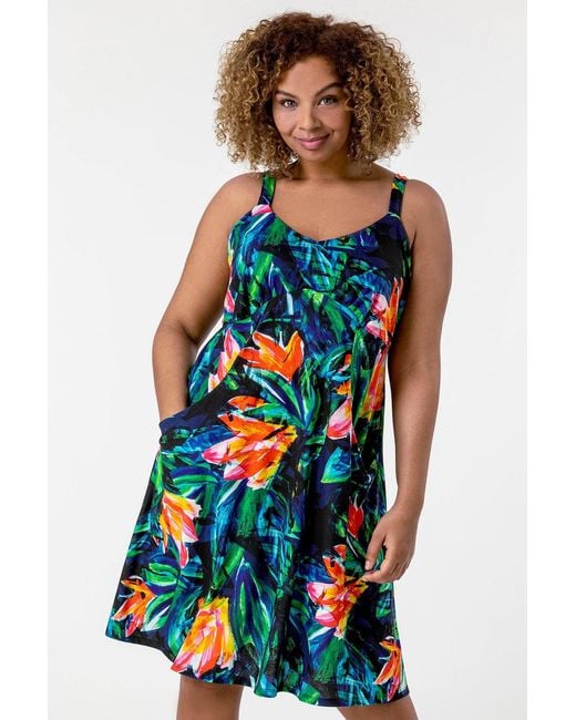 Roman Curve Orange Tropical Print Strappy Dress