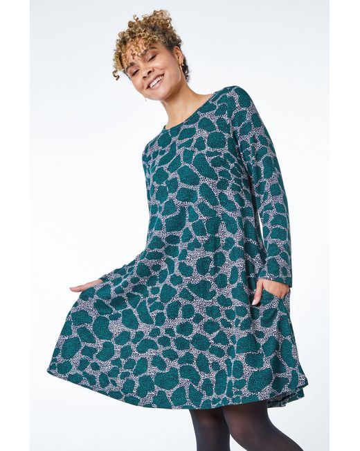 Roman Petite Blue Leopard Print Mini Swing Dress