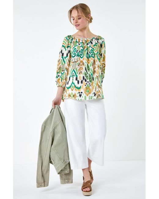 Roman Gray Aztec Print Stretch Bardot Top