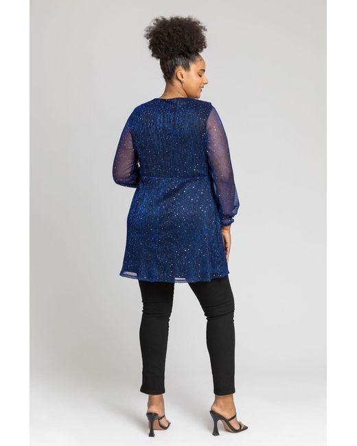 Roman Curve Blue Metallic Plisse Frill Neck Tunic Top