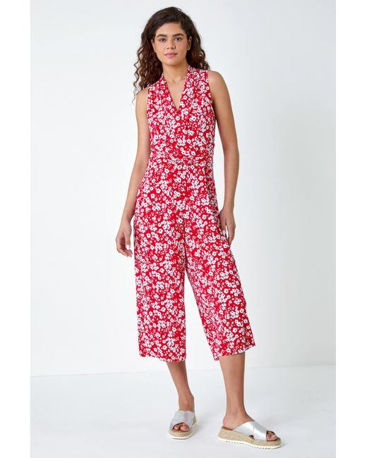 Roman Red Ditsy Floral Wide Leg Stretch Jumpsuit