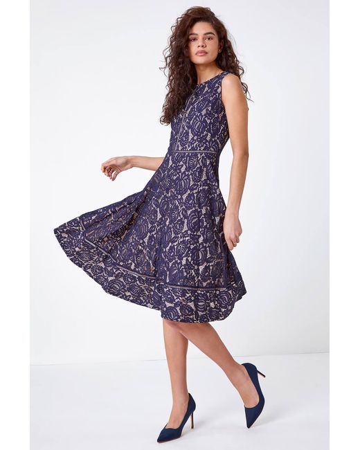 Roman Blue Fit And Flare Lace Midi Skater Dress