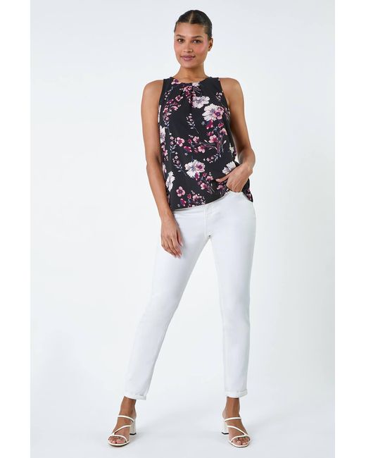 Lilly-and-Hope Blue Floral Print Keyhole Vest Top