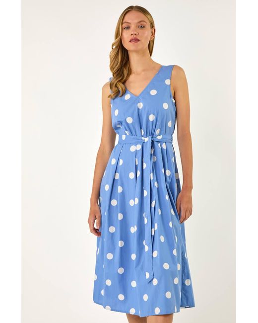 Roman Blue Spot Print Belted Midi Dress