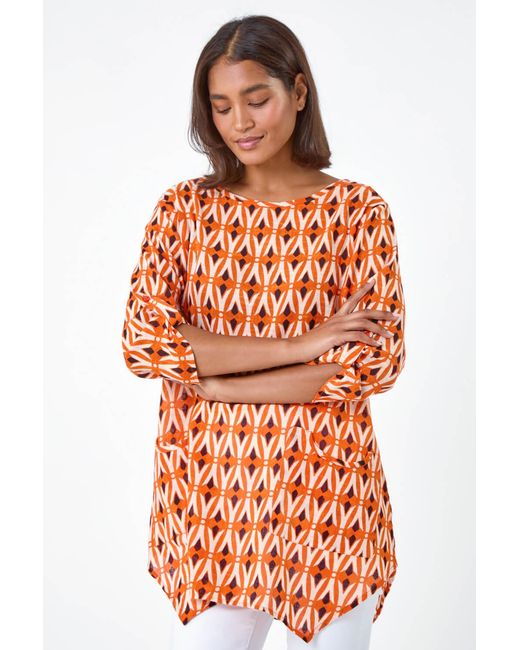 Roman White Cotton Geometric Pocket Longline Tunic Top