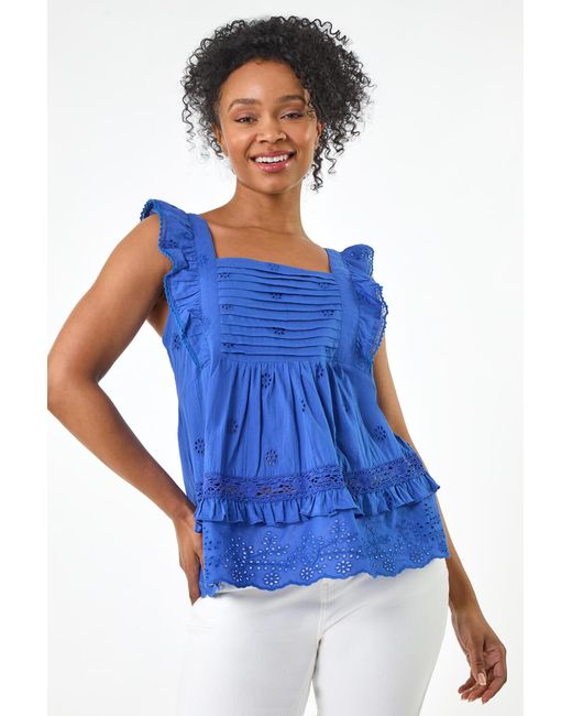 Roman Petite Blue Broderie Frill Top