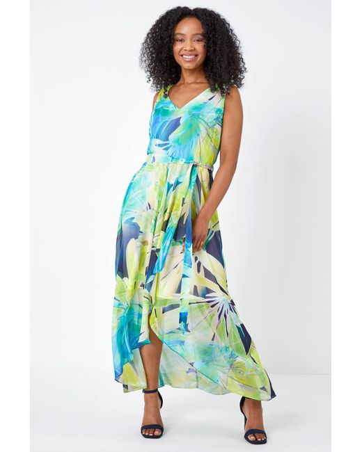 Roman Petite Blue Sleeveless Floral Chiffon Maxi Dress