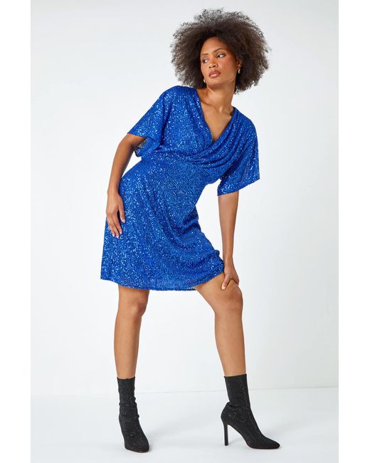 Roman Blue Dusk Fashion Sequin Embellished Wrap Stretch Dress