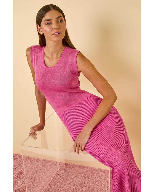Roman Pink Shimmer Knit Pleated Dress