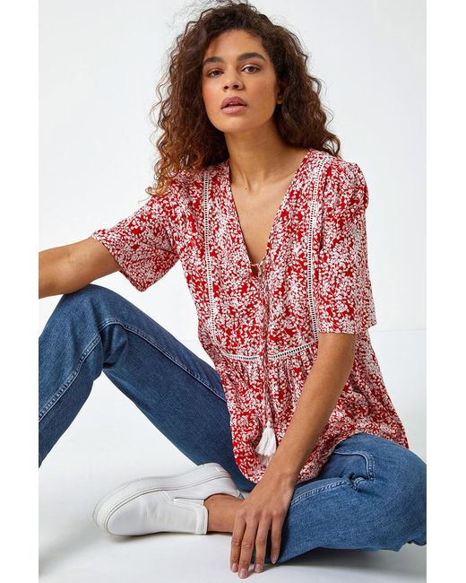 Roman White Ditsy Floral Tie Smock Top