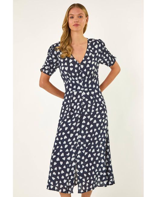 Roman Blue Heart Print Ruched Midi Dress