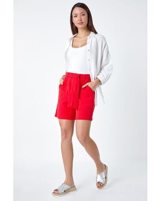 Roman Textured Elastic Tie Waist Cotton Shorts
