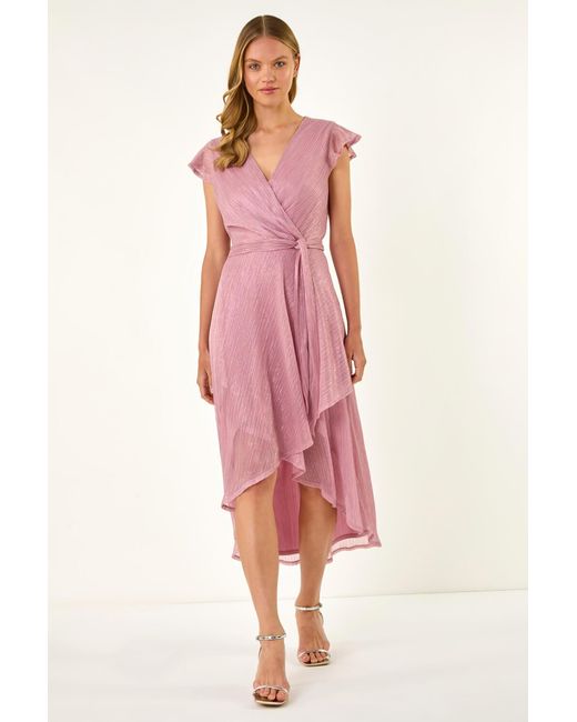Roman Pink Shimmer Plisse Wrap Front Midi Dress