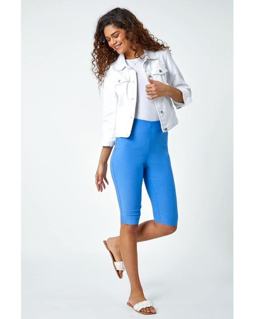 Roman Blue Elastic Waist Knee Length Stretch Shorts