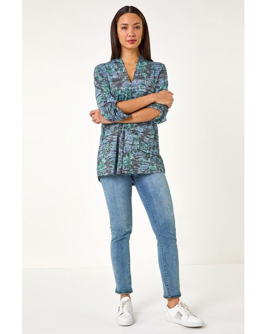 Roman Blue V-Neck Pleat Front Jersey Top