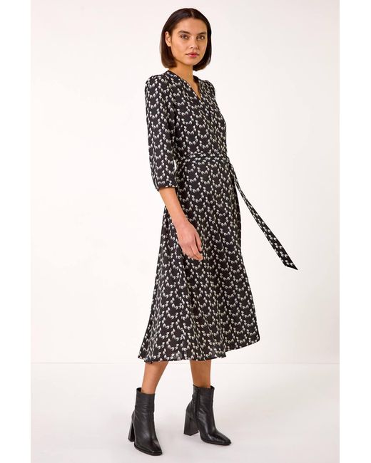 Roman Black Leaf Print Midi Shirt Dress