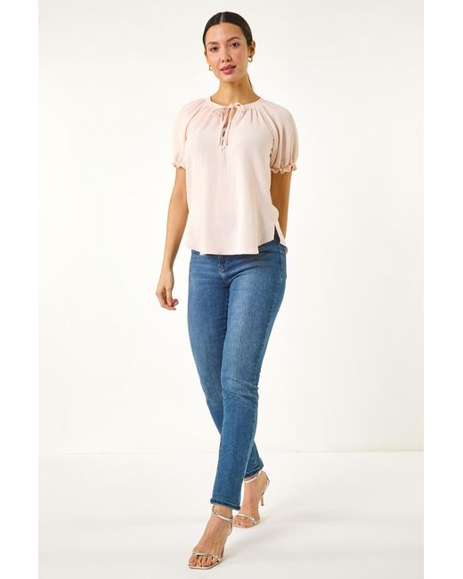 Roman Blue Tie Front Frill Sleeve Top