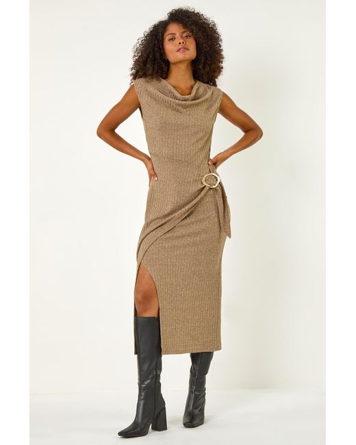 D.u.s.k Natural Cowl Neck Buckle Midi Dress