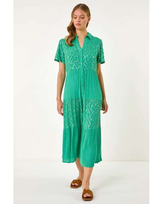 Roman Green V-Neck Sequin Button Midi Dress