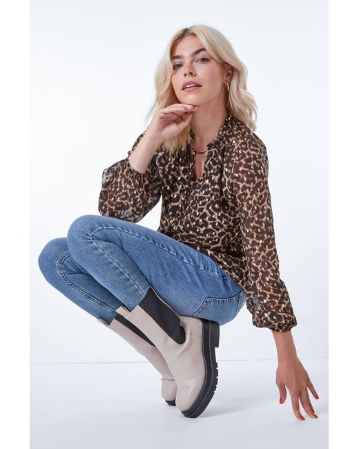 D.u.s.k Natural Leopard Print Metallic Detail Tie Neck Top