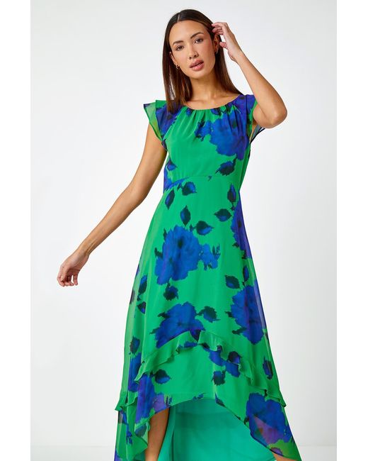 Roman Green Floral Frill Chiffon Asymmetric Midi Dress