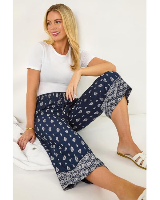 Roman Petite Blue Aztec Border Cropped Trouser