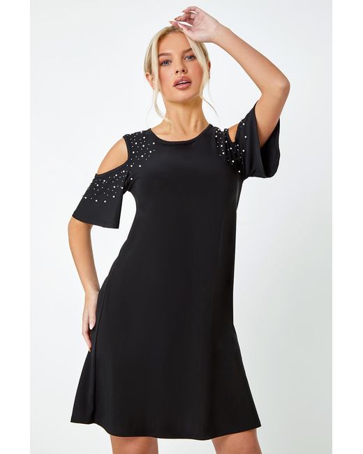 Roman Petite Black Sparkle Cold Shoulder Dress