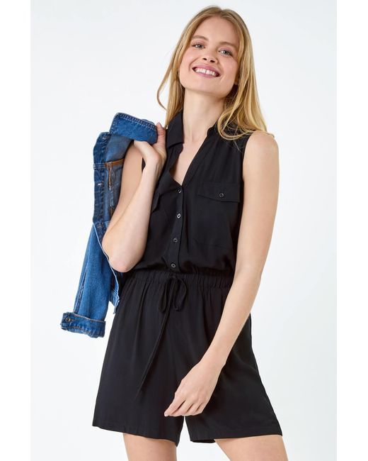 Roman Black Button Through Utility Playsuit