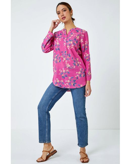 Roman Pink Cotton Floral Print V-Neck Overshirt