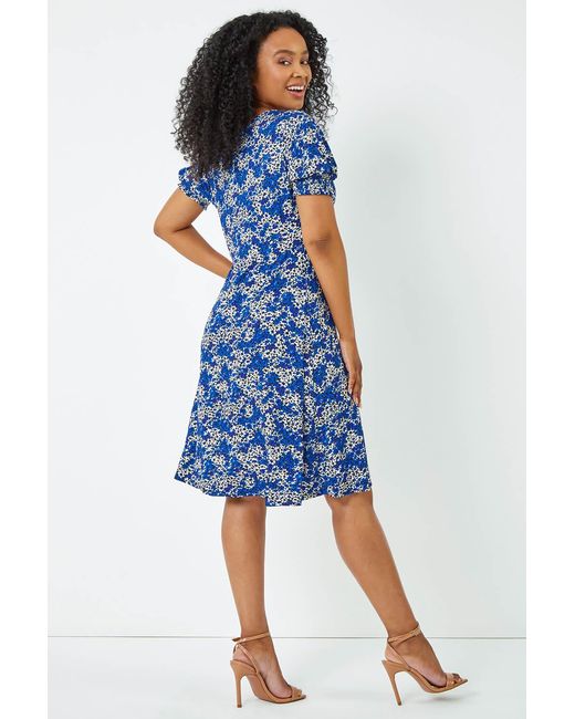 Roman Petite Blue Shirred Sleeve Floral Dress