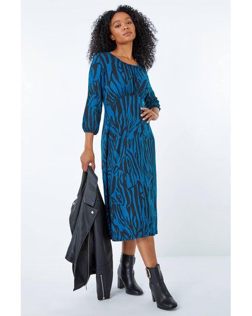 Roman Petite Blue Zebra Print Stretch Midi Dress