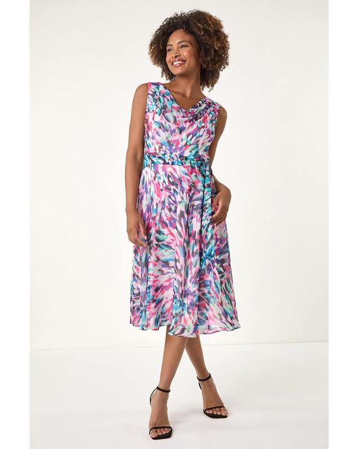 Roman Purple Abstract Print Chiffon Cowl Neck Dress
