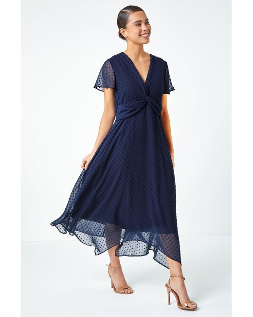 Roman Petite Blue Textured Spot Twist Front Midi Dress
