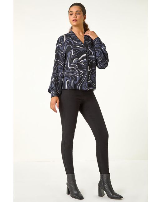 Roman Black Metallic Foil Printed V-Neck Top