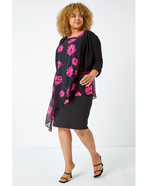 Roman Curve Purple Sleeveless Floral Chiffon Overlay Dress