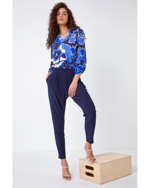 Roman Blue Jersey Stretch Elastic Waist Harem Trousers