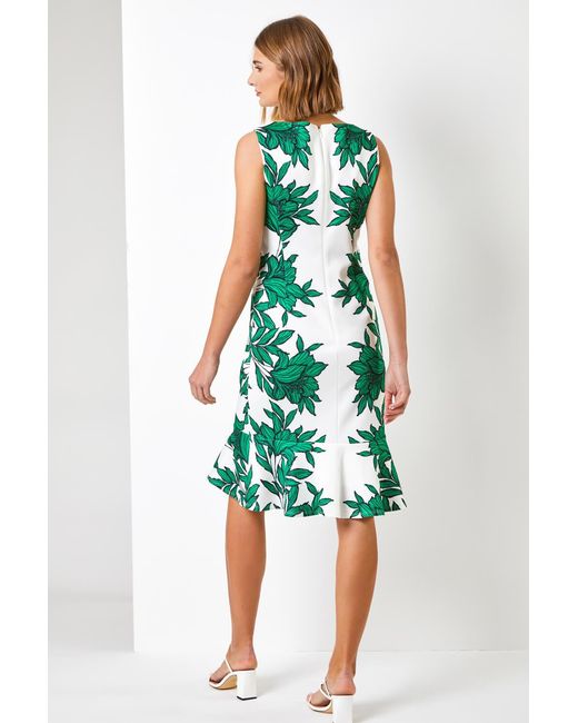 Roman Green Floral Border Print Frill Stretch Dress