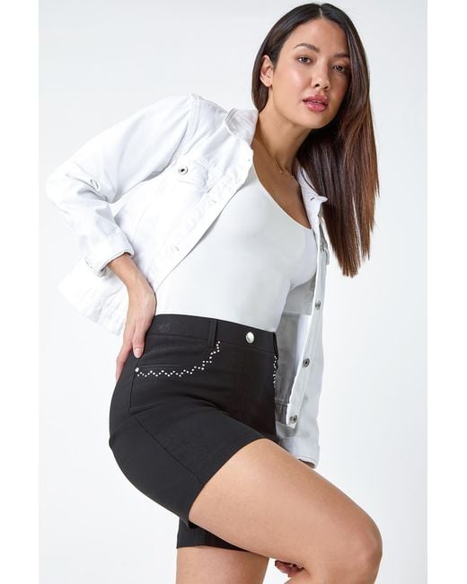 Roman Black Stud Embellished Elastic Waist Stretch Shorts