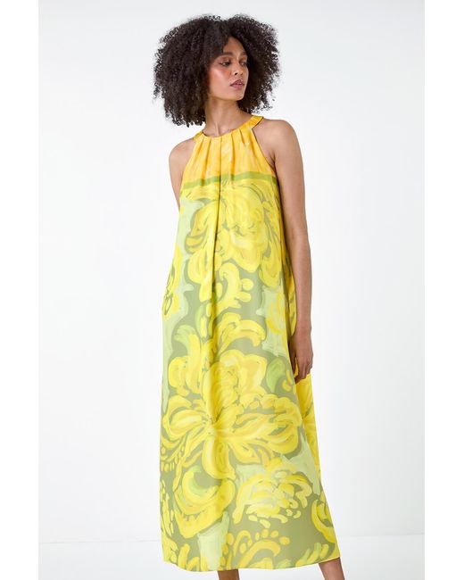 Roman Yellow Abstract Print Pocket Trapeze Dress