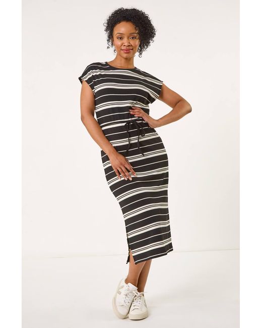 Roman Petite Black Stripe Tie Waist Midi Dress