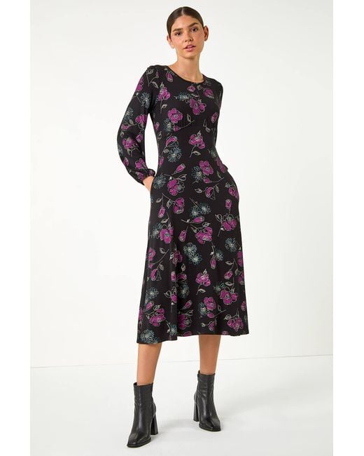 Roman Black Floral Empire Waist Midi Dress