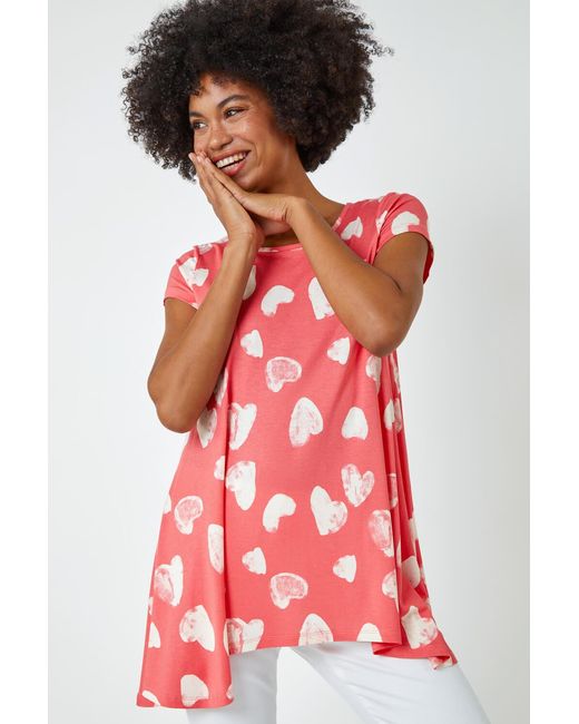 Roman Red Heart Print Hanky Hem Tunic Top