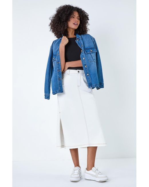 D.u.s.k White Cotton Denim Side Split Midi Skirt