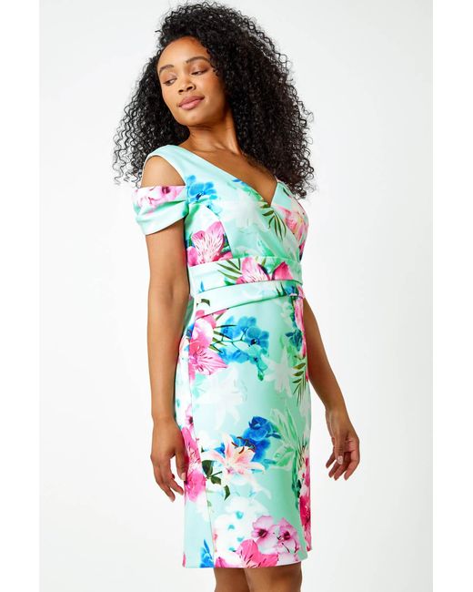 Roman Petite Red Floral Cold Shoulder Wrap Dress