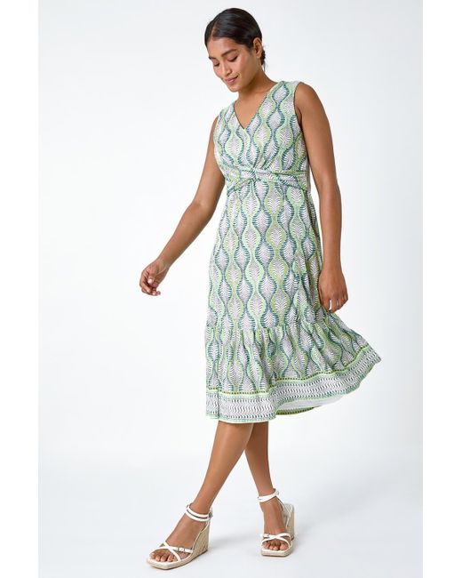 Roman Blue Twist Front Leaf Print Stretch Dress
