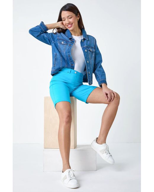 Roman Blue Elastic Waist Turn Up Stretch Shorts