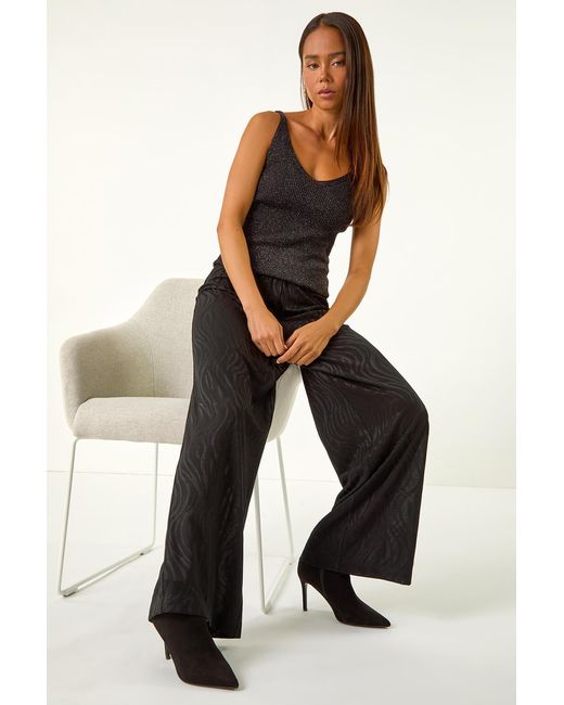 Roman Petite Black Jacquard Wide Leg Trouser