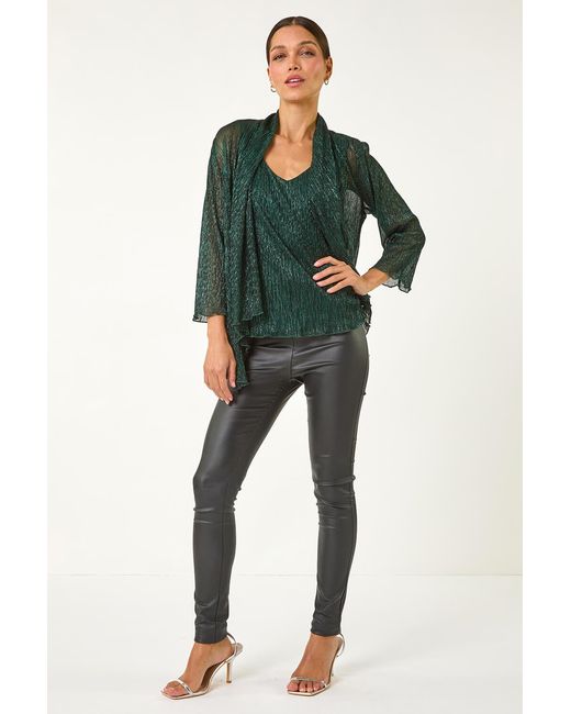 Roman Green Plisse Print Metallic Foil Kimono