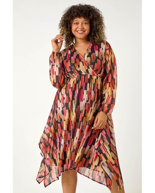 Roman Curve Pink Abstract Print Stretch Wrap Dress