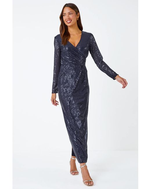 Roman Blue Sequin Wrap Stretch Maxi Dress